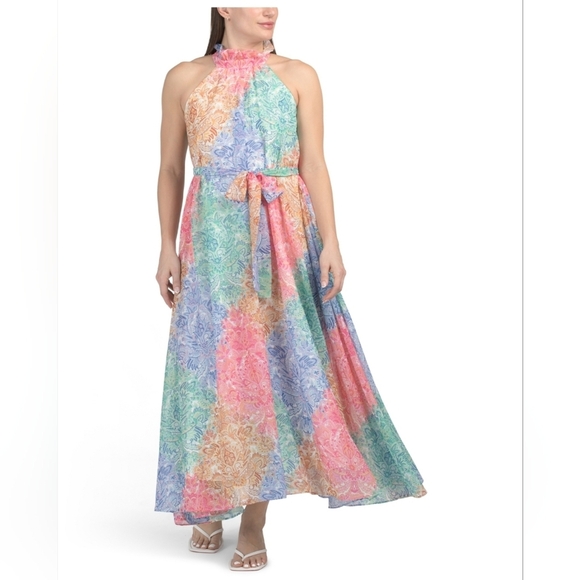 🔹️Dalia Macphee🔹️Sleeveless Multicolor Halter Elegant Pastel Maxi Dress - Picture 2 of 4